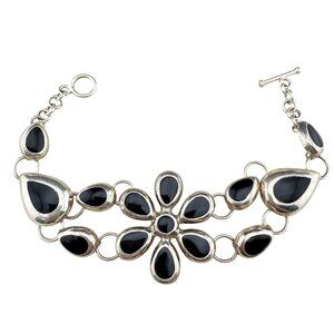 Vintage Silver Tone Floral Black Stone Bracelet With Toggle Clasp From Mexico Je